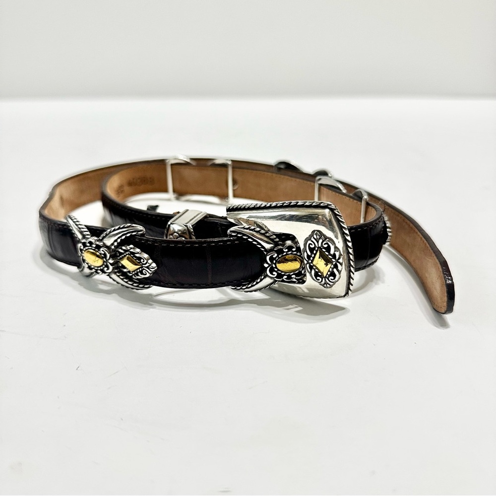 Brighton Brown Croc Embossed Leather Belt Womens Size 32 Silver Gold Hardware